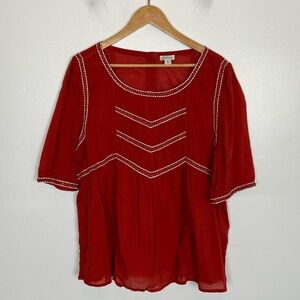 Sundance Embroidered Short Sleeves Peasant Boho Top  Size L Color Red Cotton